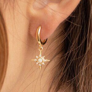 Caitlyn Minimalist Opal Diamond Starburst Huggies, 18K Gold, Sterling Silver